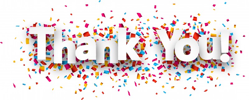 White thank you sign over confetti background. Vector holiday illustration.