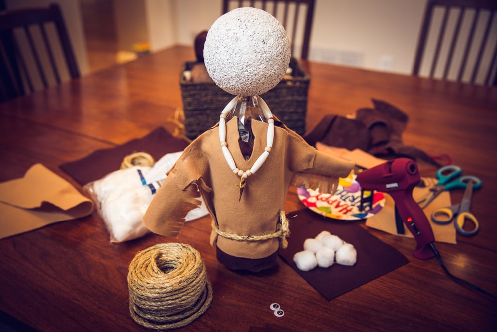 My dining room table was taken over by this project - scraps of leather and felt, beads, rope, hot glue guns, scissors, and many other treasures I found in my "art closet"!